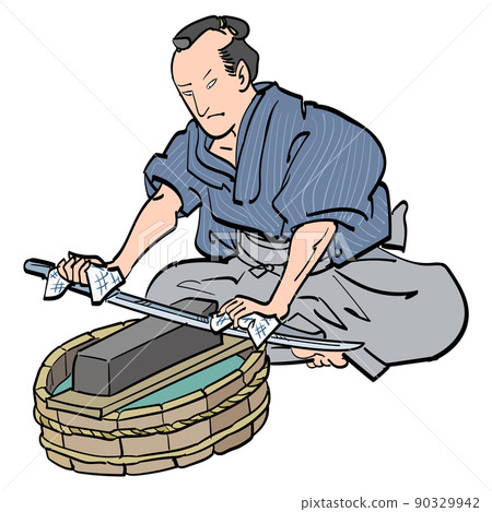 Samurai sharpening a sword 90329942