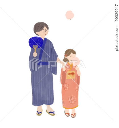 Parents and children in yukata walking the festival while holding hands and eating cotton candy [Vector] [Set] 90329947