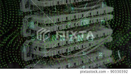 Image of scanning and green numbers falling over computer wires Image of scanning and green numbers falling over computer wires 90330392