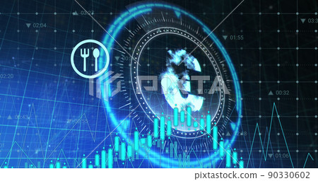 Image of euro symbol on rotating safe lock and domestic finance icons over data processing Image of euro symbol on rotating safe lock and domestic finance icons over data processing 90330602