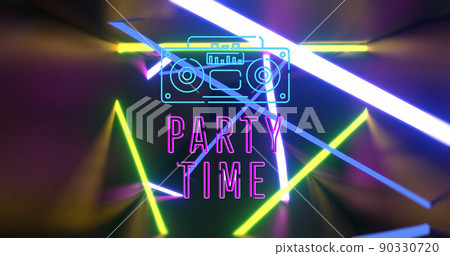 Image of party time, radio and neon shapes on black background 90330720