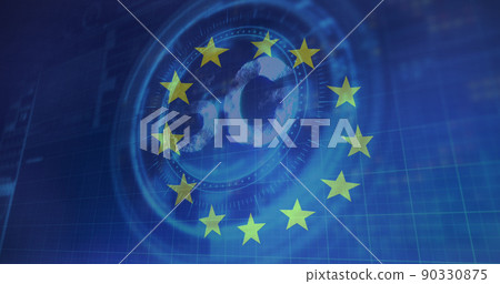 Image of scope scanning and 5g symbol over flag of eu Image of scope scanning and 5g symbol over flag of eu 90330875