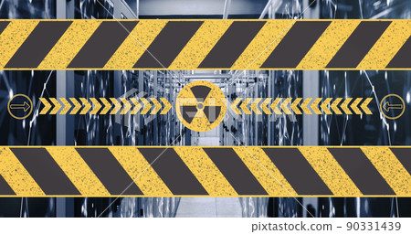 Image of nuclear symbol over shapes and server room Image of nuclear symbol over shapes and server room 90331439