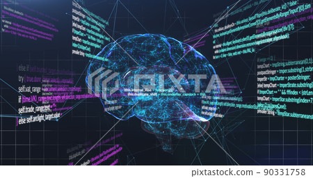 Image of data processing and brain on black background 90331758