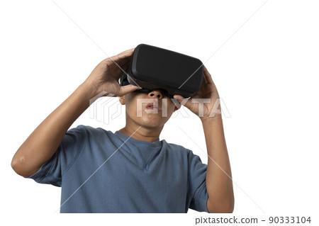 man wearing VR Headset isolated on white background. Glasses of virtual reality. man wearing VR Headset isolated on white background. Glasses of virtual reality. 90333104
