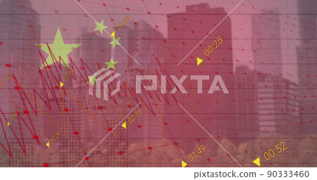 Image of flag of china and data processing over cityscape 90333460