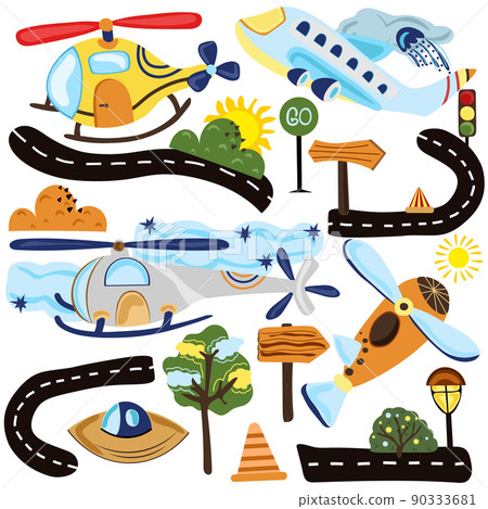 Collection different types of air transportation, helicopter, road, traffic light, clouds and tree. Cartoon icons on white background. Vector illustration Collection different types of air transportation, helicopter, road, traffic light, clouds and tree. Cartoon icons on white background. Vector illustration 90333681