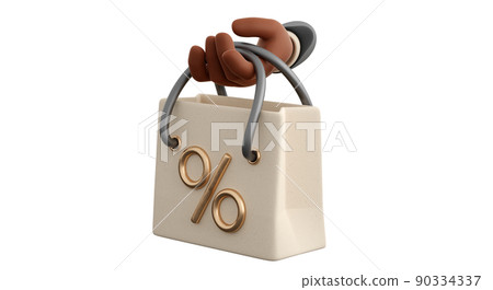Realistic white paper shopping bag with percent symbol and holding human hand. Concept of black friday or christmas and autumn sales, present or surprise. 3d high quality render Realistic white paper shopping bag with percent symbol and holding human hand. Concept of black friday or christmas and autumn sales, present or surprise. 3d high quality render 90334337