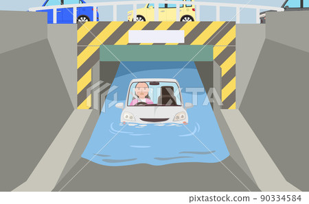 汽車和中年男子被困在被淹的地下通道 90334584