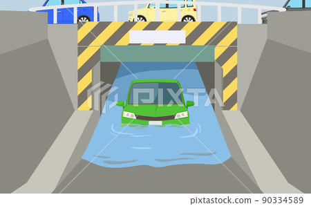 汽車卡在被淹的地下通道 汽車卡在被淹的地下通道 90334589