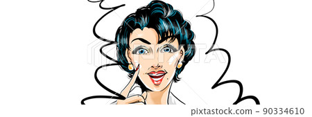 60 年代復古美國漫畫插圖一個美麗的成熟女人，一頭藍髮，用手指指著她，做著誇張的宣傳 90334610