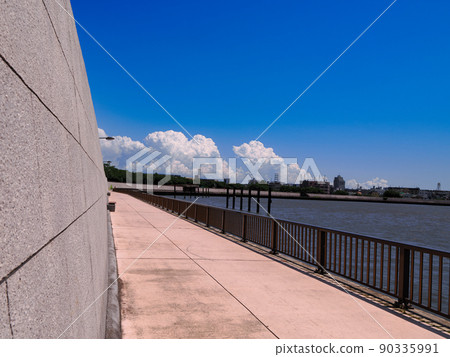 Nakagawa flowing in the Okudo, Katsushika, Tokyo in June, the blue sky and white clouds in the sky 90335991