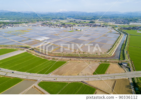 俯瞰白山的平原稻田和綠色麥田 90336112