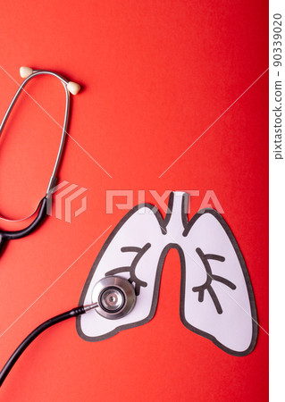Overhead view of white paper lungs with stethoscope against red background, copy space Overhead view of white paper lungs with stethoscope against red background, copy space 90339020