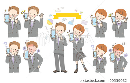 為顯示智能手機屏幕的男女學生設置的面部表情 90339082