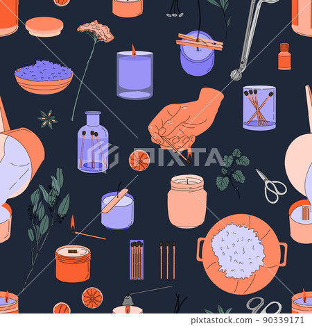 Various Candles seamless pattern. Different shapes and sizes. Pillar, jar candle, square, container candle, multi wick. Decorative wax candle making for relax and spa. Matches, candle snuffer. 90339171