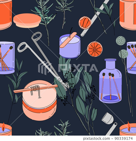Various Candles and herbs seamless pattern. Different shapes and sizes. Jar candle, square, container candle. Decorative wax candle making for relax and spa. Matches, scissors, candle snuffer. Various Candles and herbs seamless pattern. Different shapes and sizes. Jar candle, square, container candle. Decorative wax candle making for relax and spa. Matches, scissors, candle snuffer. 90339174