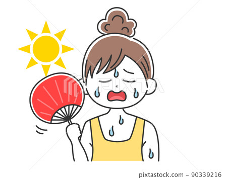 一個女人的插圖，她的頭髮被綁起來，用扇子搧著扇子 90339216