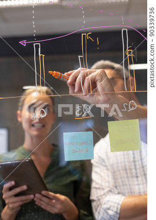 Caucasian businessman drawing bar graph on glass wall while discussing with businesswoman Caucasian businessman drawing bar graph on glass wall while discussing with businesswoman 90339736