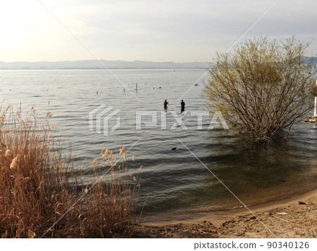 Aerial view of anglers on the shores of Lake Biwa near Otsu Shimosakamoto Aerial view of anglers on the shores of Lake Biwa near Otsu Shimosakamoto 90340126