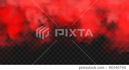 Realistic red colorful smoke clouds, mist effect. Fog isolated on transparent background. Vapor in air, steam flow. Vector illustration. Realistic red colorful smoke clouds, mist effect. Fog isolated on transparent background. Vapor in air, steam flow. Vector illustration. 90340748