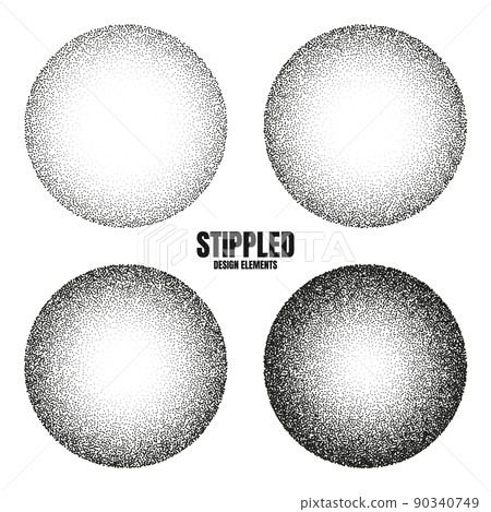 Round shaped dotted objects, stipple elements. Fading gradient. Stippling, dotwork drawing, shading using dots. Pixel disintegration, halftone effect. White noise grainy texture. Vector illustration Round shaped dotted objects, stipple elements. Fading gradient. Stippling, dotwork drawing, shading using dots. Pixel disintegration, halftone effect. White noise grainy texture. Vector illustration 90340749