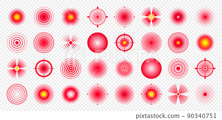 Pain localization marks. Painful area, aching spot. Red circles, targets. Headache, bruised body part marker. Back, neck, muscle pain symbol. Healthcare ad, medical information. Vector illustration. Pain localization marks. Painful area, aching spot. Red circles, targets. Headache, bruised body part marker. Back, neck, muscle pain symbol. Healthcare ad, medical information. Vector illustration. 90340751