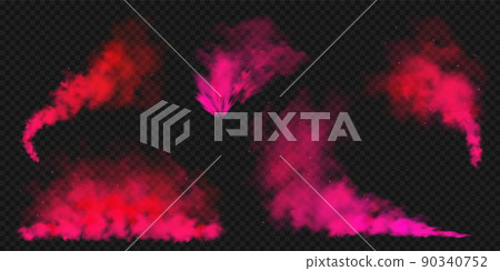 Realistic red colorful smoke clouds, mist effect. Colored fog on dark background. Vapor in air, steam flow. Vector illustration. Realistic red colorful smoke clouds, mist effect. Colored fog on dark background. Vapor in air, steam flow. Vector illustration. 90340752