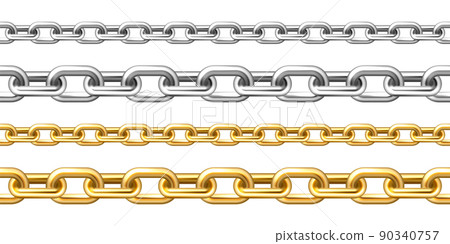Realistic seamless golden and silver chains isolated on white background. Metal chain with shiny gold plated links. Vector illustration. Realistic seamless golden and silver chains isolated on white background. Metal chain with shiny gold plated links. Vector illustration. 90340757