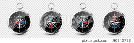 Realistic silver vintage compass with marine wind rose and cardinal directions of North, East, South, West. Shiny metal navigational compass. Cartography and navigation. Vector illustration. Realistic silver vintage compass with marine wind rose and cardinal directions of North, East, South, West. Shiny metal navigational compass. Cartography and navigation. Vector illustration. 90340758