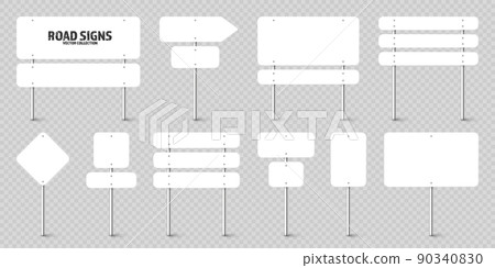 Various road, traffic signs. Highway signboard on a chrome metal pole. Blank white board with place for text. Directional signage and wayfinder. Information sign mockup. Vector illustration Various road, traffic signs. Highway signboard on a chrome metal pole. Blank white board with place for text. Directional signage and wayfinder. Information sign mockup. Vector illustration 90340830