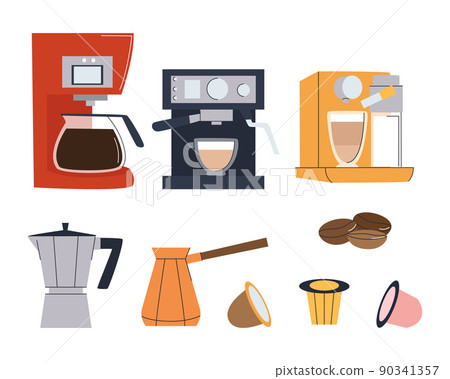 Coffee machine, coffee maker and a set of capsules for brewing coffee. Set of flat vector illustration. Eps10 Coffee machine, coffee maker and a set of capsules for brewing coffee. Set of flat vector illustration. Eps10 90341357