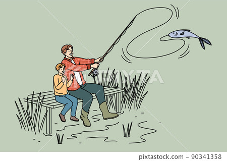 Happy father and son fishing together  90341358