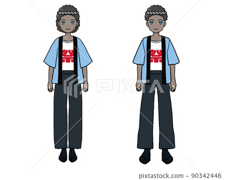 Standing picture of a black man and a woman wearing a happi coat and wearing a headband that seems to be at the summer festival venue 90342446