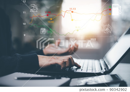 Oil energy graph of the world market, impact on the economy concept,Businessman touch chart with the indicator on the oil price slide at gas station, fluctuations in oil prices and exchange trade. 90342902