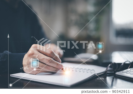 Businessman using pen write folder of document Management System,  online documentation database and process automation to efficiently manage files work, knowledge, Corporate business technology, 90342911