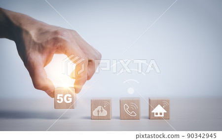 5G and communication and technology icon concept ,wooden block cube symbol telephone, cloud, email, address. Website page contact us or e-mail marketing, Contact us in customer support concept 90342945