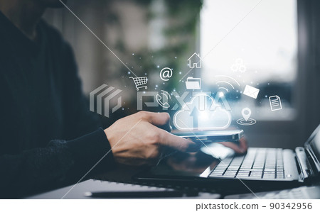 Smart phone connect to data information on the Cloud Computing Technology Internet Storage Network Concept large database big data Through internet technology, Cloud sharing download and upload 90342956