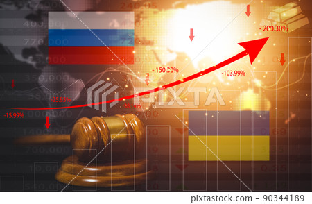 Old wood Judge hammer with a graph of business and trade losses during the war, Business losses on the stock market chart concept, line market chart and Red arrows fall to the ground, 90344189