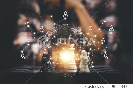 Planning and people icon concept, Businessman with strategy competitive ideas concept with chess board game. Business competition, Fighting and confronting problems, threats from surrounding problems 90344421