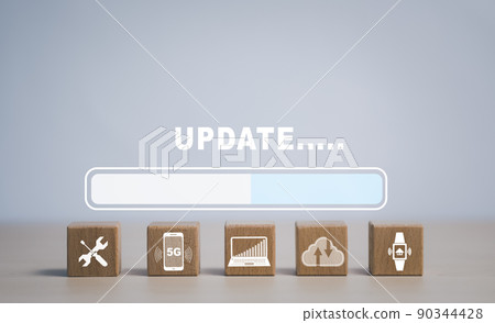 wooden block cube Update Software Computer Program Upgrade Business Technology Internet, Update on virtual screen. Internet and technology concept, loading bar with installing the update. wooden block cube Update Software Computer Program Upgrade Business Technology Internet, Update on virtual screen. Internet and technology concept, loading bar with installing the update. 90344428