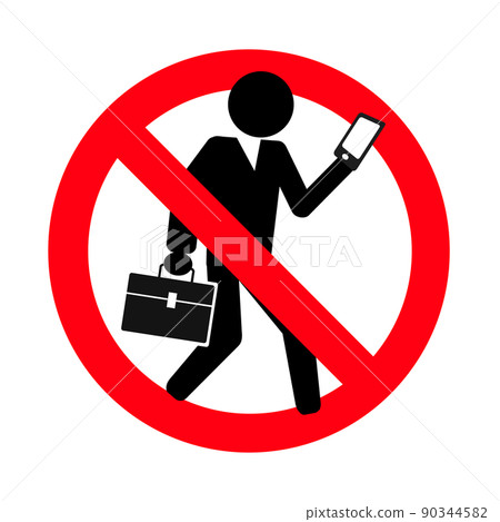 A mark that prohibits walking smartphones. A businessman who walks and uses a smartphone. 90344582