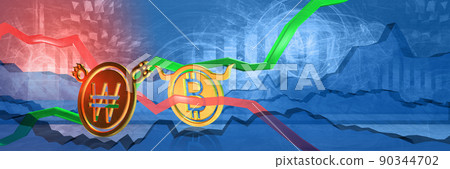 currency exchange rate background. bullish position of bitcoin to korean won. money represented as golden coins. 3D illustration of forex trading currency exchange rate background. bullish position of bitcoin to korean won. money represented as golden coins. 3D illustration of forex trading 90344702