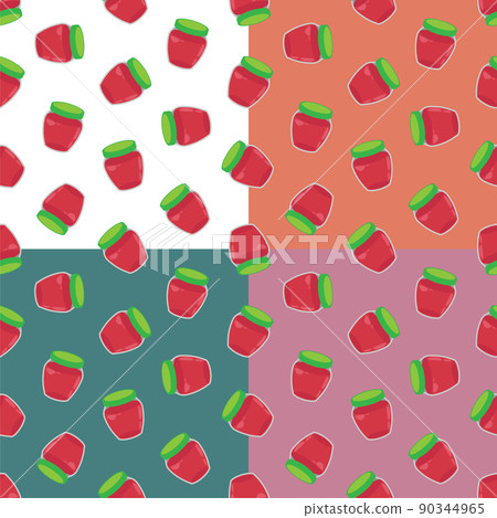 Set of seamless patterns with packaged jar of jam or compote in doodle style. Ornament for decoration and printing on fabric. Design element. Vector Set of seamless patterns with packaged jar of jam or compote in doodle style. Ornament for decoration and printing on fabric. Design element. Vector 90344965