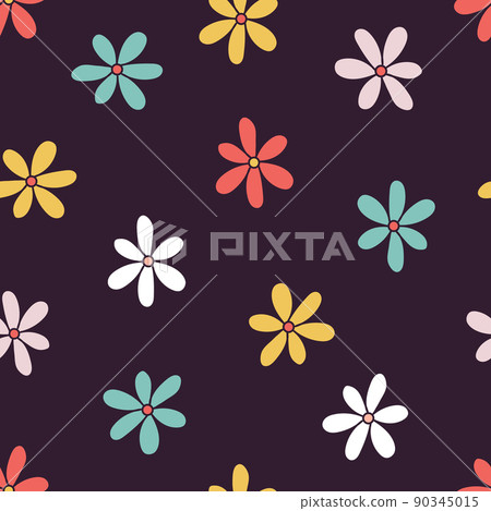 Retro 70s 60s Hippie Groovy Floral naive Daisy vector seamless pattern. Retro 70s 60s Hippie Groovy Floral naive Daisy vector seamless pattern. 90345015
