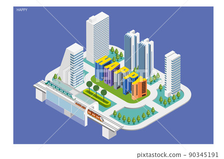 有趣的城市景觀和生活風景。人們可以明亮地生活的建築和城市規劃。字母表的可愛建築。 90345191