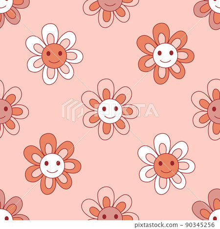Retro 70s 60s Hippie Groovy Floral naive Daisy vector seamless pattern. Boho Flower child Flower power vibes background. 90345256