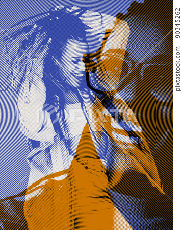 Woman's portrait with glitch duotone effect. Colorful halftone. Multiple exposure, fashionable beauty photo. Art, creativity, diversity, youth culture, composite image, Woman's portrait with glitch duotone effect. Colorful halftone. Multiple exposure, fashionable beauty photo. Art, creativity, diversity, youth culture, composite image, 90345262