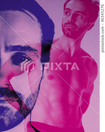 Serious man's portrait with glitch duotone effect. Colorful halftone. Multiple exposure, fashionable beauty photo. Art, creativity, diversity, youth culture, composite image, 90345276