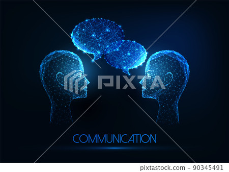 Futuristic communication, dialog concept with glowing low polygonal human heads and speech bubbles Futuristic communication, dialog concept with glowing low polygonal human heads and speech bubbles 90345491